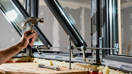 Medium shot capturing the stepbystep installation of a bay window frame with triplepane glass highlighting fitting accuracy and structural support elements.