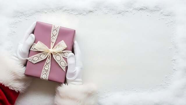 Santa Holding a Wrapped Gift in Snowy Background