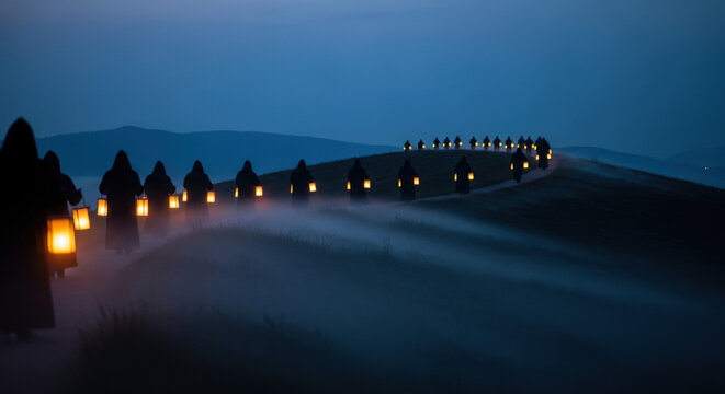 Silhouetted figures carrying lanterns during misty procession at blue hour. This image captures the essence of ancient rituals and outdoor gatherings,