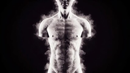 Monochromatic torso enveloped in ethereal smoke against a stark black backdrop, creating a captivating visual effect
