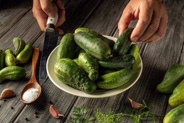 Hands carefully select ripe cucumbers from a large bowl in a rustic kitchen. Nearby, garlic, salt, and spices add flavor to the scene, emphasizing fresh ingredients