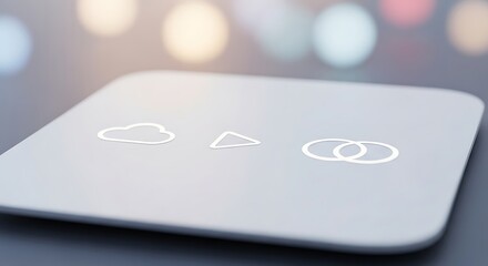 Abstract close up of white icons on a square surface with bokeh background
