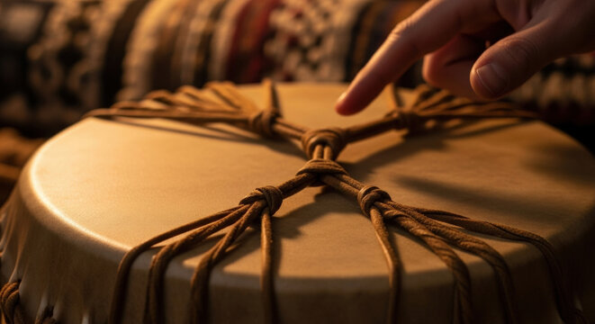 Person touching braided cord drum with leather head, highlighting tactile rhythm and craftsmanship. Concept of ancient rituals and musical traditions relevant for cultural events or music classes.
