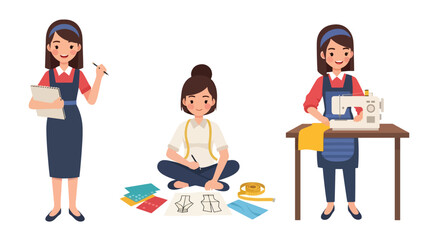 Flat vector sticker set of cute women fashion designers sewing clothes, sketching outfits, and working with mannequins. Perfect for creative career themes