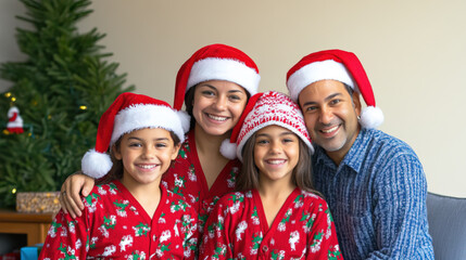 Kind family portrait in matching holiday pajamas and knit Santa hats