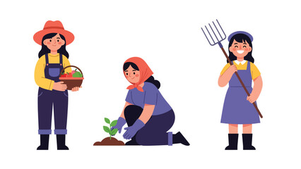 Flat vector collection featuring cute women farmers harvesting vegetables, watering plants, and working outdoors. Ideal for agriculture job visuals