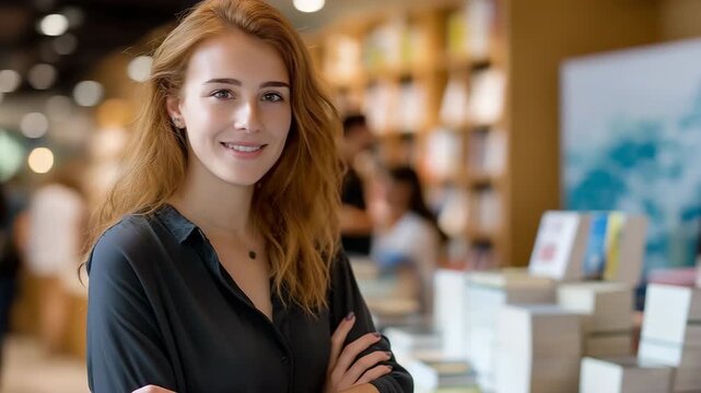 Young caucasian female smiling in bookstore surrounded by books