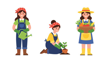 Flat vector collection featuring cute women farmers harvesting vegetables, watering plants, and working outdoors. Ideal for agriculture job visuals