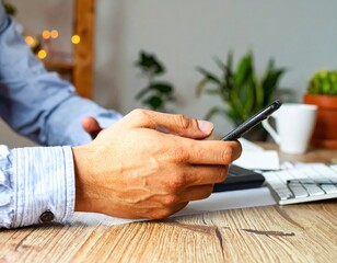 Man typing on smartphone at a wooden desk
