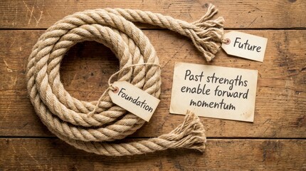 Fototapeta premium Rope tied in a circle with a foundation tag and inspirational quote