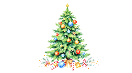 Christmas tree with ornaments, gifts, and candy canes isolated on transparent background