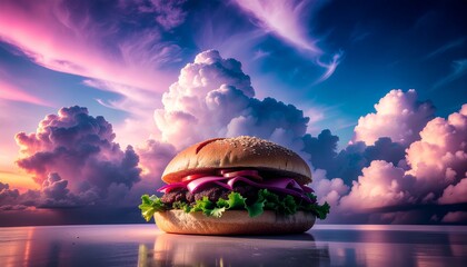 A mouthwatering gourmet burger rests on a reflective surface against a vibrant sunset sky with dramatic clouds
