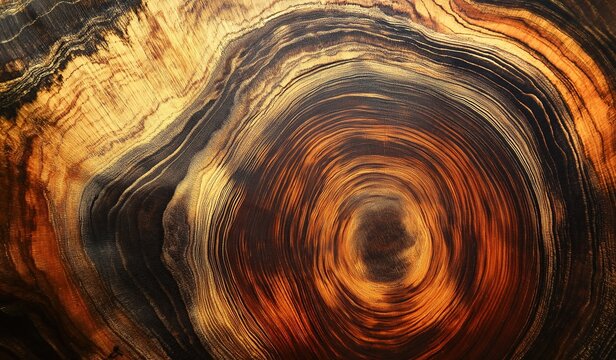 Close up of intricate patterns in ancient tree ring showing age and growth path over time with rich textures and visible grain lines