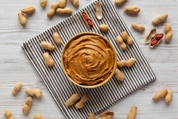 Creamy Brown Peanut Butter in a Bowl, top view.