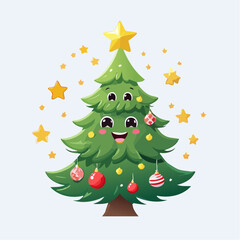 Christmas tree with smiling face. Decorated tree with star and ornaments. Cartoon tree with eyes. Happy Christmas tree illustration. Vector Christmas tree. Smiling tree with decorations.