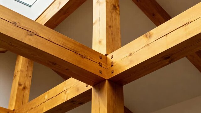Medium shot showcasing the structural strength of timber beams integrated into a modern wooden building framework.