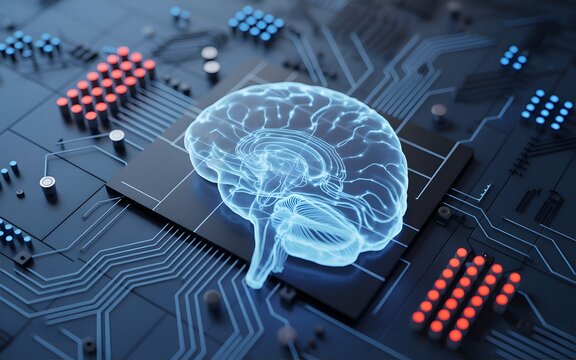 Holographic digital brain above microchip board, concept of artificial intelligence, neural network processing, and smart computer technology
