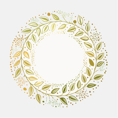 Floral wreath design. Vector illustration of leaf circle. Green and orange leaves. Decorative border. Seamless pattern element. White background. Wreath frame. Botanical art.