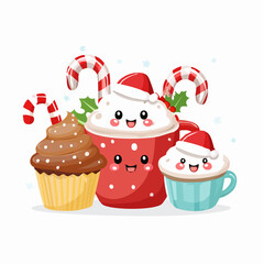 Christmas holiday treats. Cartoon mug, cup and cupcake with candy canes. Vector illustration of festive dessert. Holiday baking. Sweet treats. Christmas cookies. Dessert icons. Vector