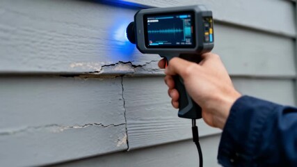 Closeup of a handheld wall scanner operated by a technician performing automated siding condition assessment using AI algorithms