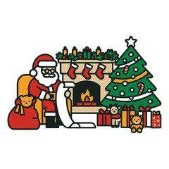 Cozy Christmas Living Room Scene – Santa by Fireplace with Tree and Gifts