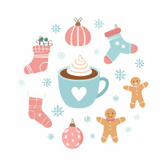 Christmas holiday icons. Vector illustration of festive symbols. Cup of hot chocolate. Gingerbread men. Stockings. Ornaments. Snowflakes. Winter holiday decorations. White background.