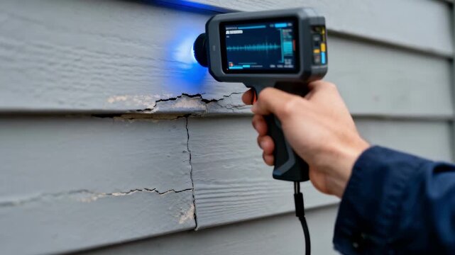 Closeup of a handheld wall scanner operated by a technician performing automated siding condition assessment using AI algorithms