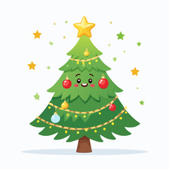 Christmas tree with smiling face. Cartoon tree with star and ornaments. Vector illustration of decorated tree. Holiday symbol. Green tree with lights. Smiling tree character. Christmas