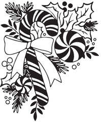 Christmas Candy Corner Digital Art: Candy Canes, Holly & Peppermint Swirls Black and White Clipart