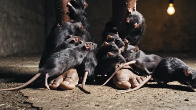 Bare dirty feet stand on concrete while black rats crawl over them in a dim room. Depicts poverty, unsanitary conditions or imprisonment. Ideal for horror themes or social issues.