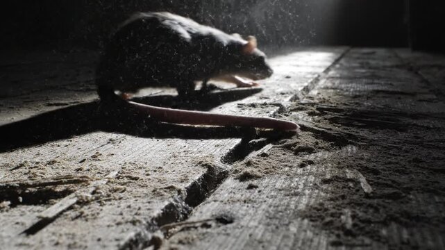 Close up of old dusty wooden floorboards with a rat tail exiting the frame. Atmospheric light beam reveals floating dust particles creating a spooky abandoned mood for horror concepts.