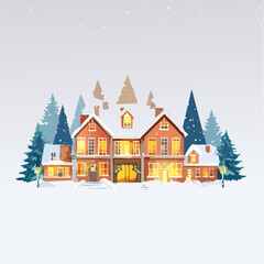Obraz premium Winter house scene. Snowy residential buildings. Vector illustration of homes. Snowy trees. Winter wonderland. Holiday home. Cozy house. Snow scene. Vector graphic.