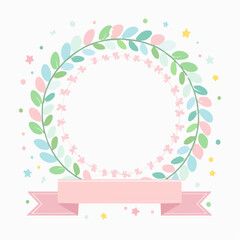 Pastel floral wreath frame. Colorful leaves and stars. Pink ribbon banner. Vector illustration on white background. Decorative border. Spring flowers. Wreath design. Pastel colors. Floral