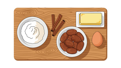 Baking inspiration with dates, cinnamon, egg, butter, and flour ready for a delicious dessert on a rustic wooden surface, perfect for baking blogs