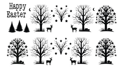Obraz premium Whimsical black silhouette collection celebrating happy easter with stylized trees deer stars and moon elements on a white background