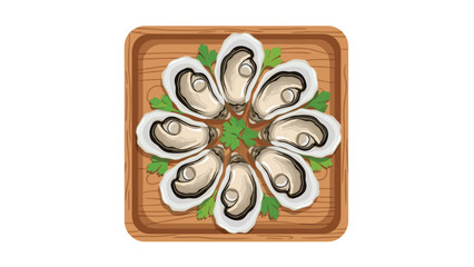 Elegant arrangement of fresh oysters with parsley on wooden tray, perfect for seafood restaurant menus and culinary promotions