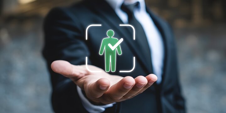 Businessman holding digital approval check mark hologram, concept of human resources recruitment, verification, and successful team selection - Powered by Adobe
