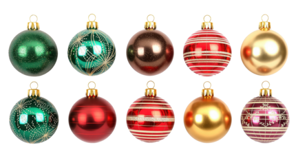 Christmas ornament collection with various colors and patterns isolated on transparent background