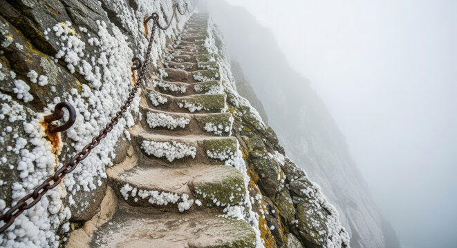 Stairs leading up a steep cliff covered in lichen and salt crystals, shrouded in marine fog. Represents themes of exploration, adventure, and ancient rituals in natural landscapes.