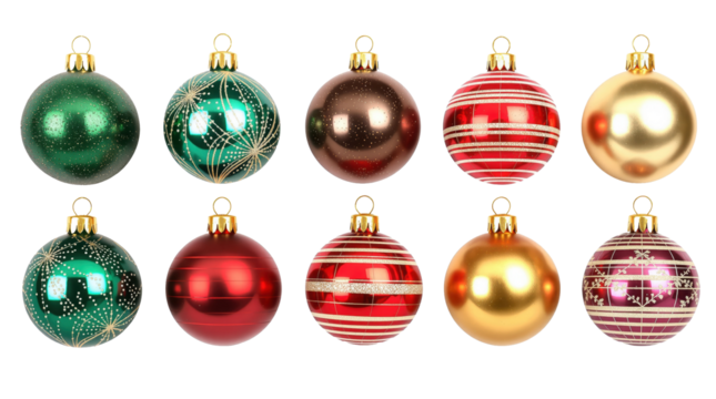 Christmas ornament collection with various colors and patterns isolated on transparent background