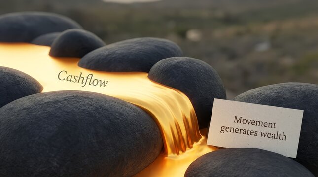 Molten gold lava flows over dark rocks with glowing effect - Powered by Adobe