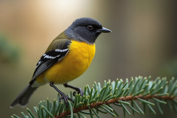 Fototapeta premium Colorful bird perched on evergreen branch in natural setting 