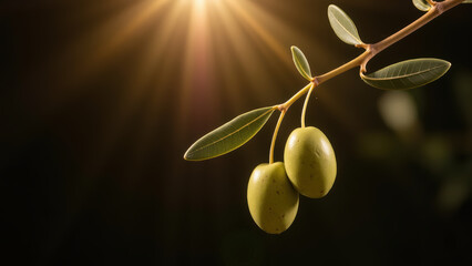 Fresh green olives hanging from branch, illuminated by warm sunlight, creating serene and natural atmosphere