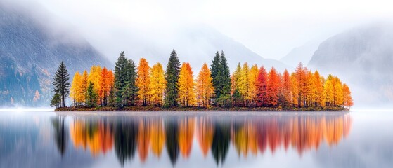 A small island covered in trees with vibrant autumn colors is reflected in a calm lake, with foggy mountains in the background. The scene is serene and peaceful