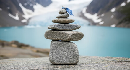 Stacked stones with blue cloth on serene lake background, representing ancient rituals and nature's tranquility, useful for wellness and meditation themes.