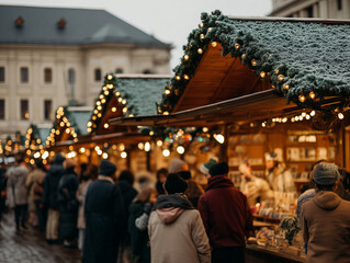Obraz premium Busy Christmas Market Stalls with People Shopping Under Warm Festive String Lights