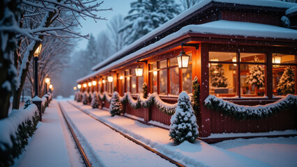 Cozy winter scene featuring snow covered pathway lined with charming buildings adorned with festive decorations. warm glow of lanterns illuminates