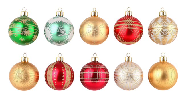 Christmas ornament collection on black background isolated on transparent background