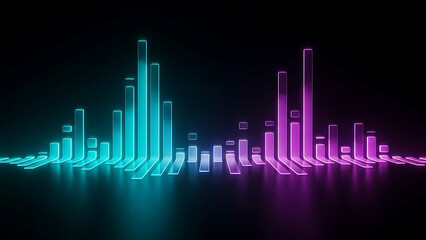 3D render of a colorful glowing digital sound equalizer with blue and purple neon bars on a black background