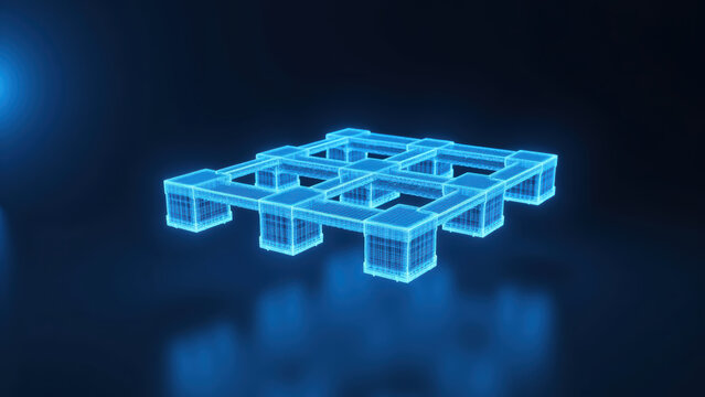 Digital representation of grid structure glowing blue wireframe style, showcasing intricate details and depth. design emphasizes modern technology